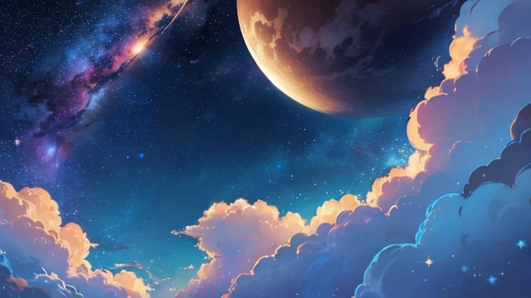A drawing of a crescent moon and stars floating in the sky, Pixel art by Eva Frankfurther, tumbler, Space Art, A dreamlike night, Detailed dreamscape, fluffy pink Anime Cloud, Cosmic clouds, Anime Cloud, Anime Background, Beautiful iPhone Wallpapers, Dreamy Clouds, Background Art, Aesthetic clouds in the sky, Fantasy fluffy sky, anime Background Art, Wallpaper aesthetics, Space Sky