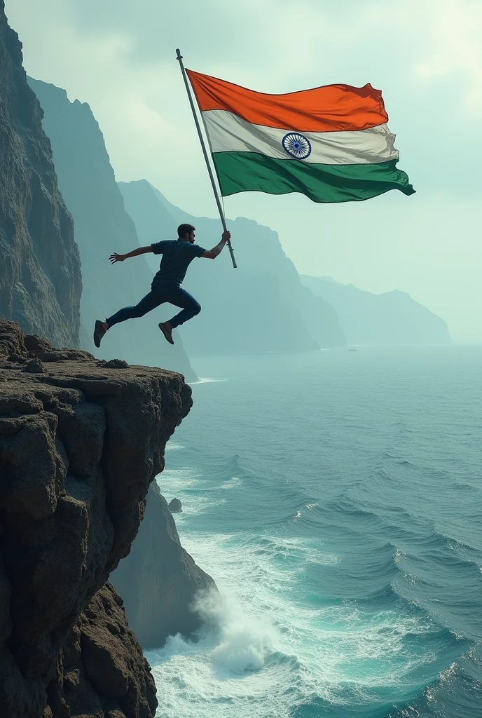 Create a image of a muslim holding a large Indian Flag and jumped from a high mountain in sea 