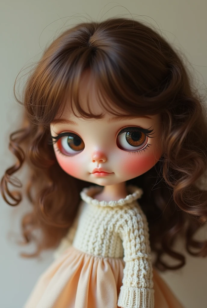 Faca uma blythe doll, brown with curly hair and bangs and dark brown eyes