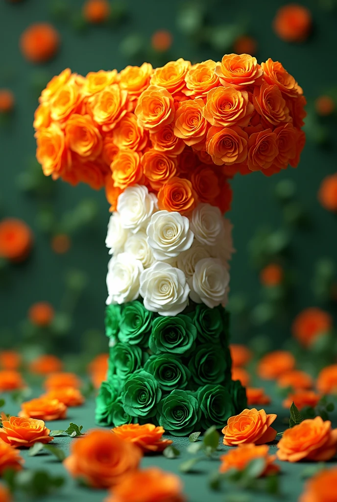 Create a realistic 3d image of alphabet "T" , made by tiranga, made by tiranga roses,beautiful design, background is full with tiranga colour.