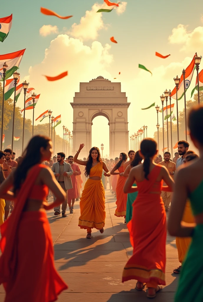 "Design a vibrant Independence Day scene for India's 78th celebration. Capture a festive atmosphere with a backdrop of iconic Indian landmarks like India Gate or the Red Fort. The Indian national flag should be prominently displayed, and the scene should include diverse groups of people engaging in traditional dances such as Bharatanatyam or Bhangra, adorned in colorful attire. Incorporate elements like the Ashoka Chakra, patriotic bunting, and subtle nods to historical figures like Mahatma Gandhi. The overall mood should convey joy, unity, and national pride."