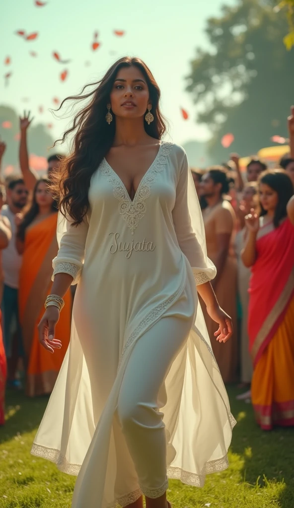 1girl, dress, posing, large breasts, cleavage, high heels, sexy, light, ((garden)), closeup A real 25-year-old girl sexy girl celebrates Indian Independence Day. she is wearing white kurti outfits with the name "Sujata" written on her attire. Above her, in the sky, the words "Happy Independence Day" are displayed in a bold font. The backdrop is filled with people celebrating, enhancing the festive and patriotic spirit of the day.