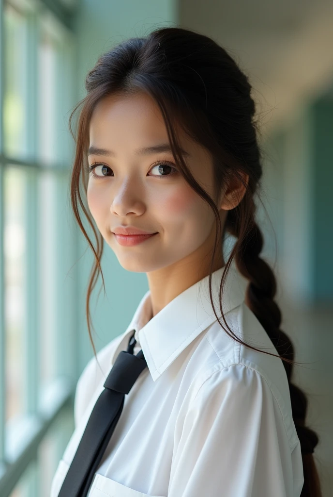 there is a sri lanka 20 years old cute woman wearing a tie, wearing white frock, wearing a school uniform, assamese aesthetic, school girl, dressed as schoolgirl, of a schoolgirl posing, cute schoolgirl, teenage female schoolgirl, profile pic ,with long hair, girl with plaits,huge ass,huge 