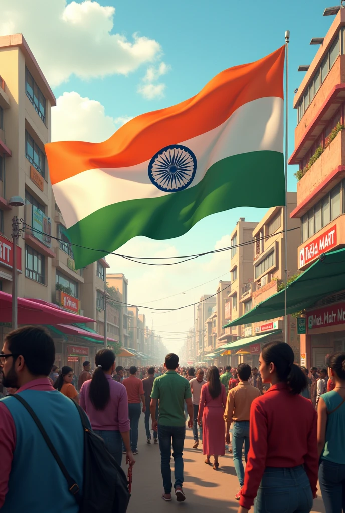 The celebrate public with Indian flag. Opposite Maha Mart अपनी दुकान shop