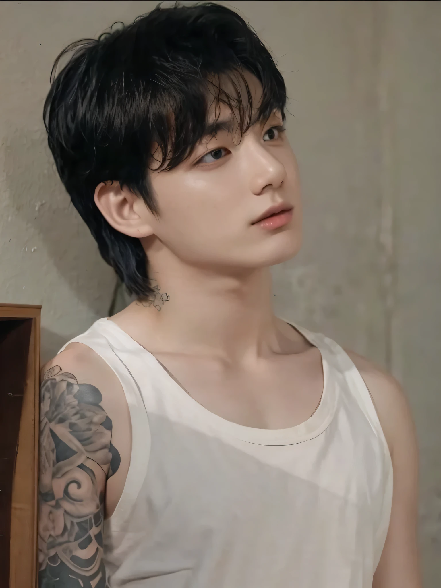 handsome man, looking at side, Beautiful Mouth, wearing a white regatta, tattooed arm, Bblack hair