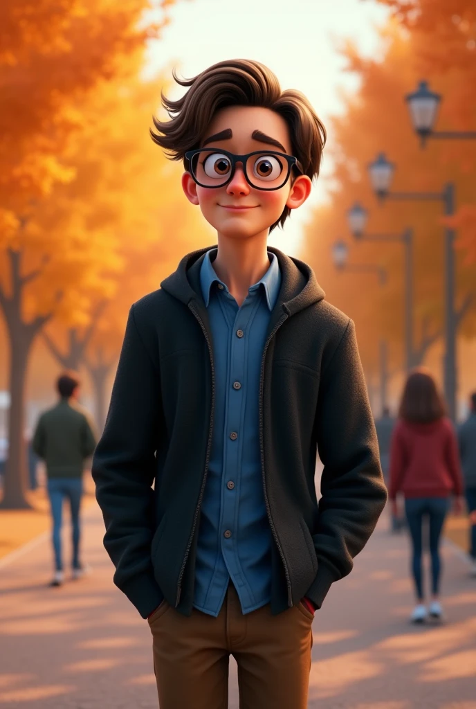 a male animated movie character in the Disney Pixar style, high qualiy, best quality , black fleece sweater blue shirt , Wear nerd glasses, , long hair , Happy young man , They are walking in a beautiful park in the city., fully body, people in the scene
