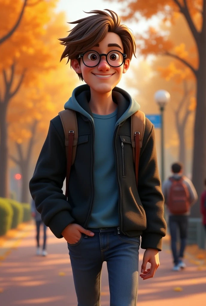 a male animated movie character in the Disney Pixar style, high qualiy, best quality , black fleece sweater blue shirt , Wear nerd glasses, , long hair , Happy young man , They are walking in a beautiful park in the city., fully body, people in the scene