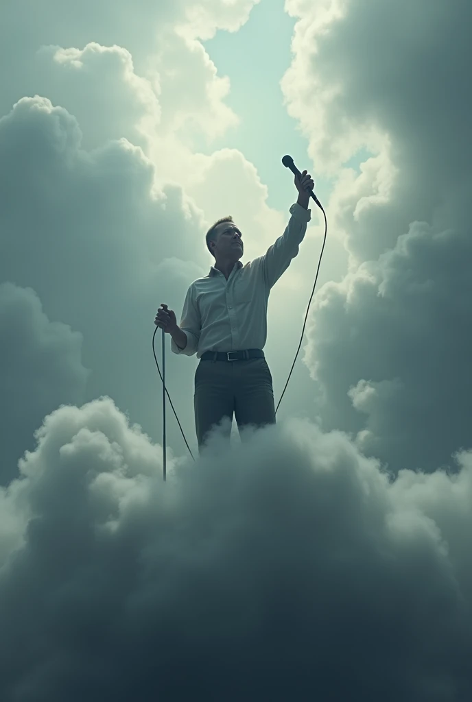 Man with a microphone in his hand above a gray cloud