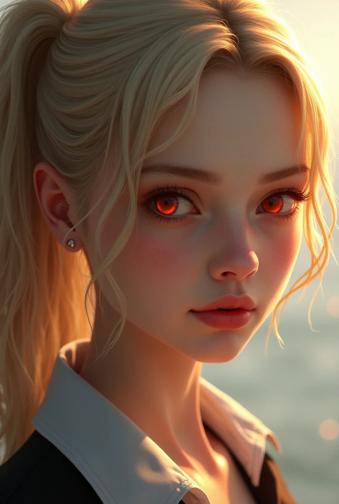 blond hair,ponytail,red eyes,forehead,girl