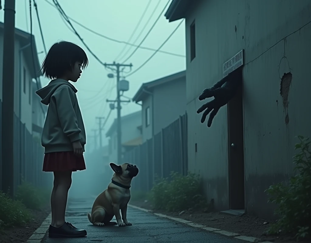 A small Japanese residential area shrouded in morning mist、A construction site with defects has a portion of the wall blurred out, and a black hand is reaching out from it toward a dog.、A young elementary school girl with glasses standing nearby, looking surprised.、A pug and French bulldog mix、Creepy、Creepy、Very detailed、Cinematic lighting、Dramatic colors、Moodyな雰囲気、(Highest quality、4K、8k、High resolution、masterpiece:1.2)、Super detailed、(Real、Photorealistic、Photorealistic:1.37)、Dramatic lighting、Dark Shadows、Moody、mysterious、Surreal、Creepy