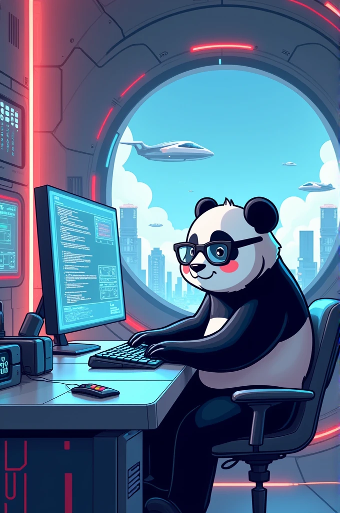 A panda programming with code type sci-fi environment, cartoon, animated, cool
