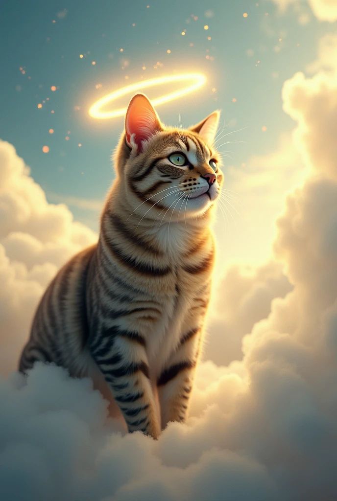 God is a tabby cat with a halo on its head, in the sky
