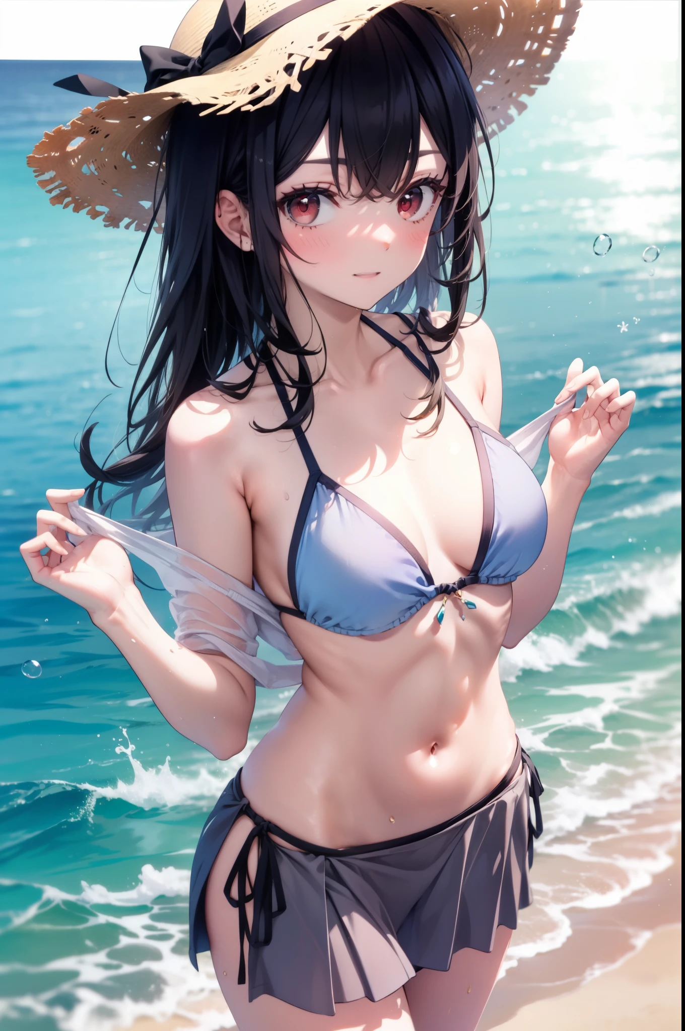 For profit, Next to Kasumigaoka, Black Hair, Long Hair, (Red eyes:1.5),
smile,blush,Open your mouth,Straw hat,Black string bikini swimsuit,Belly button,abdomen,A thin long skirt is wrapped around her waist,barefoot,Sandy Beachを散歩している,Daytime,True Summer,Clear skies,whole bodyがイラストに入るように,
break looking at viewer,whole body, (Cowboy Shot:1. 5),
break outdoors, Sandy Beach,Beach,
break (masterpiece:1.2), Highest quality, High resolution, unity 8k wallpaper, (figure:0.8), (Beautiful attention to detail:1.6), Highly detailed face, Perfect lighting, Highly detailed CG, (Perfect hands, Perfect Anatomy),