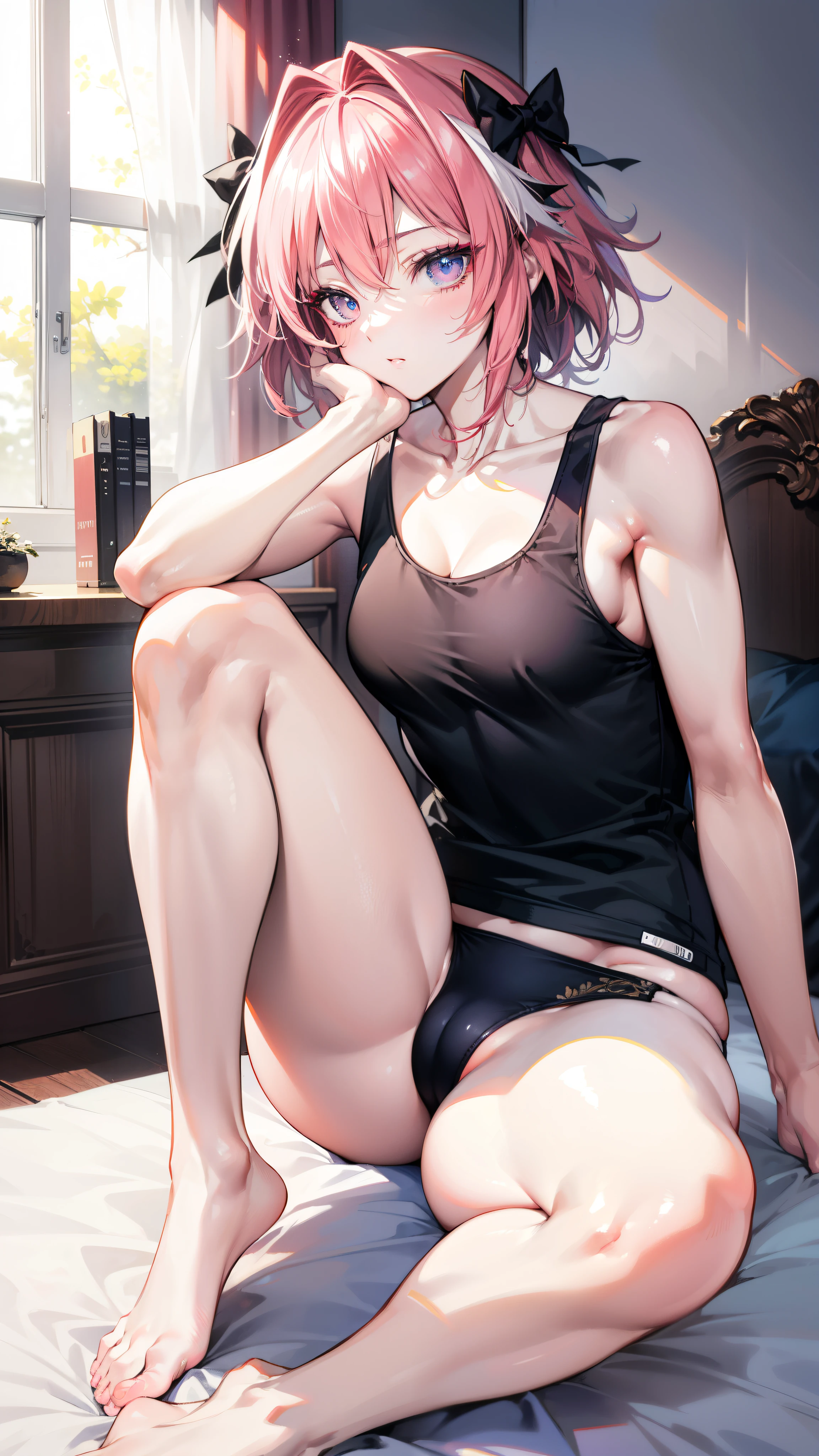 Astolfo, ((Femboy)), Anime, (Masterpiece:1.25), Best quality, High resolution:1.35, RAW photo:1.2, Detailed CG, Dreamy, Curvy build, Skinny, Slender body, Fine detailed beautiful eyes: 1.2, Embarassed Expression, Erotic thighs, Lustrous skin, Photon maping, Cinematic lighting, Full body shot, Dynamic angle, ((Tank top)), Show armpits, (((Sitting on bed))), Cute face, Long eyelashes, detailed eyelashes, eye shadows, glowing eyes, realistic eyes, Natural makeup, Clear facial features, Hyper detailed face, Lip details