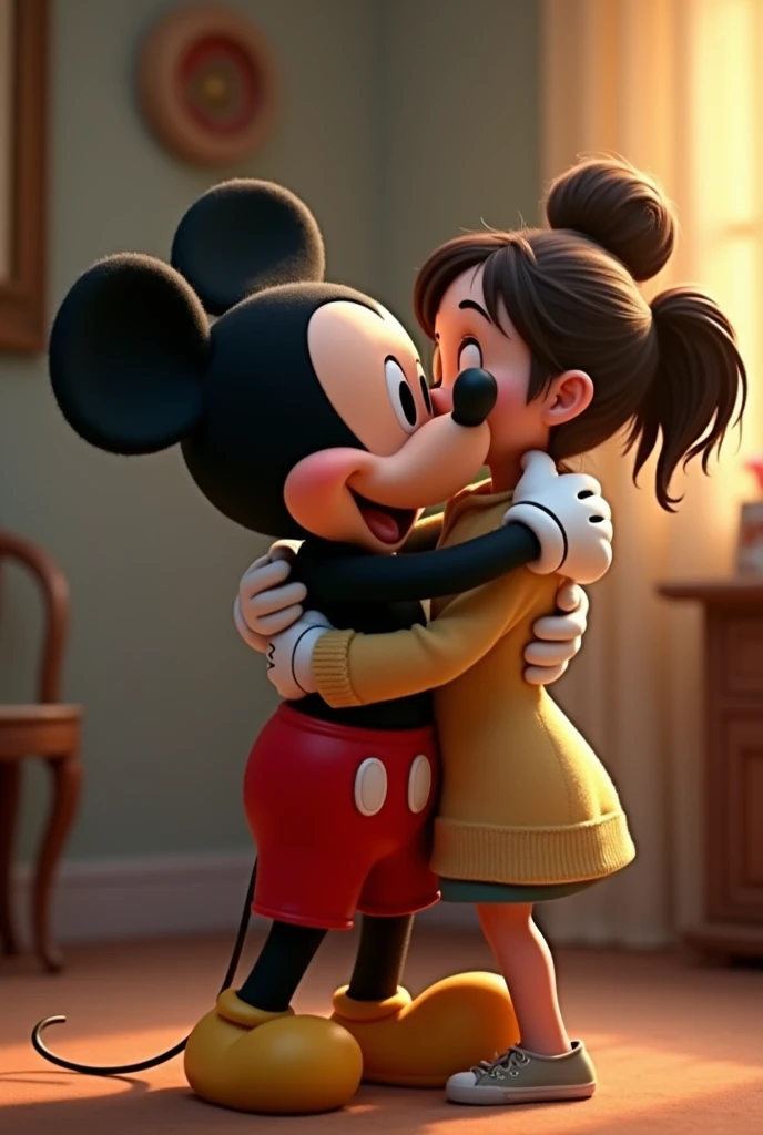 Mickey Mouse hugging a person tightly 
