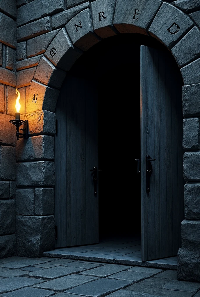 A close-up of Edinburgh Castle’s entrance, dark and foreboding, with heavy wooden doors slightly ajar, revealing darkness within. The stone archway above the door is engraved with worn symbols, hinting at the castle’s ancient history. The scene is illuminated by a single, flickering torch on the wall, casting ominous shadows. The atmosphere should be filled with tension and the feeling that something unspeakable lies within.”