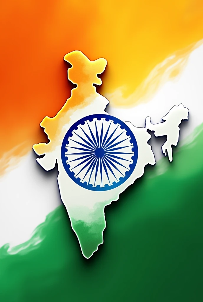 Indian flag colours in the background showing gradation effect and indian map's only outline in the middle. The map should not be filled with any colour. Add a Ashoka chakra in the middle of Indian map