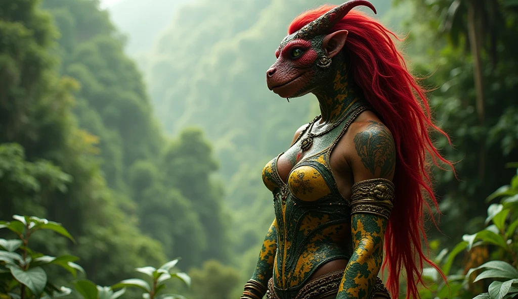 Guyana as a jungle southamerican curvy female League of Legend creature in carmine red, yellow, green, black and white. Intricated clothing. Cinematic Fantasy sci-fi landscape background