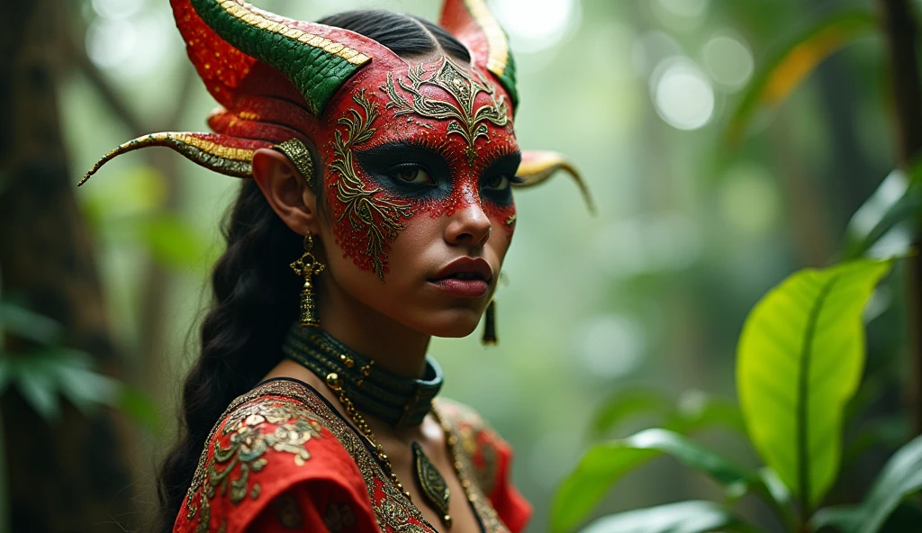 Guyana as a jungle southamerican curvy female League of Legend creature in carmine red, yellow, green, black and white. Intricated clothing. Cinematic Fantasy sci-fi landscape background
