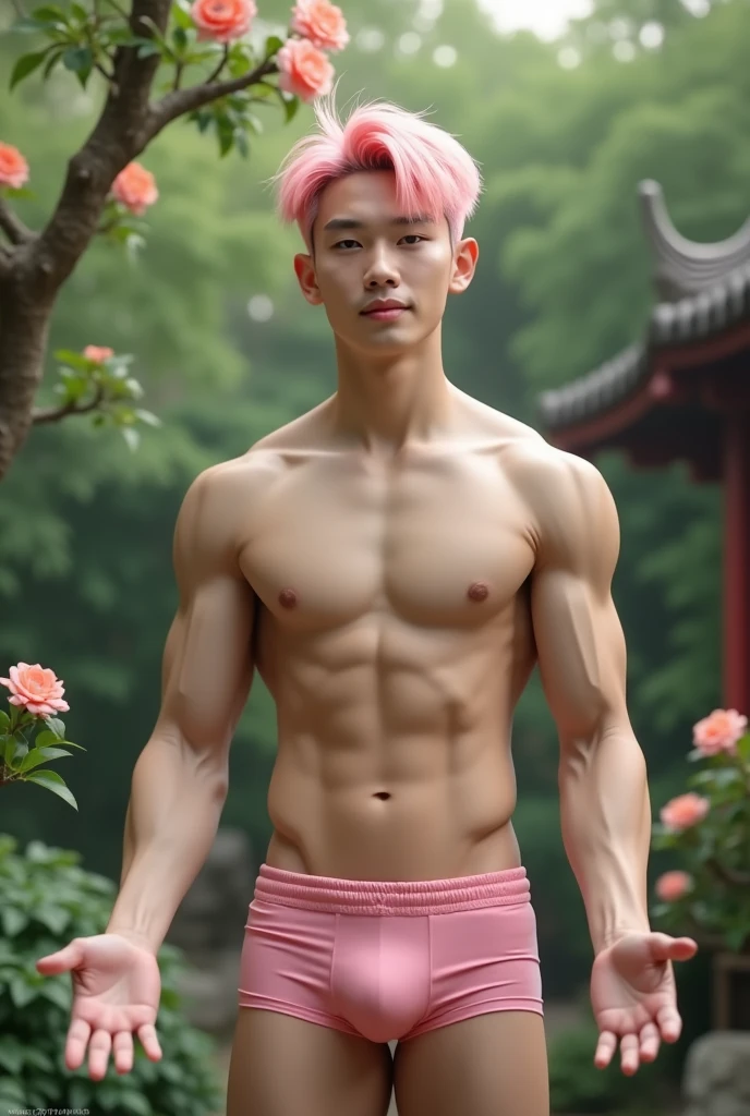 (masterpiece, photorealistic, super detailed, 4k, best quality), an asian gentleman with short stylish pink hair out in a spring garden, wearing only pink underwear, chinese garden, young face, chinese idol, muscular body, large pecs, young boy, handsome face, Cute and lively, Little cute, detailed eyes, detailed face, Pectoral and abdominal muscles, Raised pectoral muscles, full body image, Super refined, Spread your hands outward, peaceful and serene tone