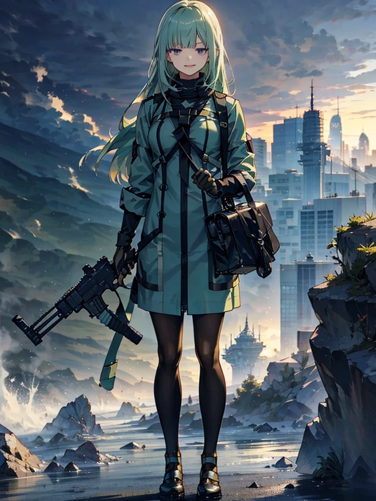 Empty City, A town above the clouds, Sky City,Black Eye,with long green hair,Green duffle coat, Attention, Holding_gun, assault_rifle, Very detailed, Anime Style, whole body, alone, Stylish Gunfighter Girl, スチームパンクの長gun身ピストルを持っている,