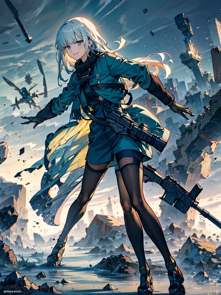 Empty City, A town above the clouds, Sky City,Black Eye,with long green hair,Green duffle coat, Attention, Holding_gun, assault_rifle, Very detailed,  Anime Style, whole body, alone, Stylish Gunfighter Girl, スチームパンクの長gun身ピストルを持っている,