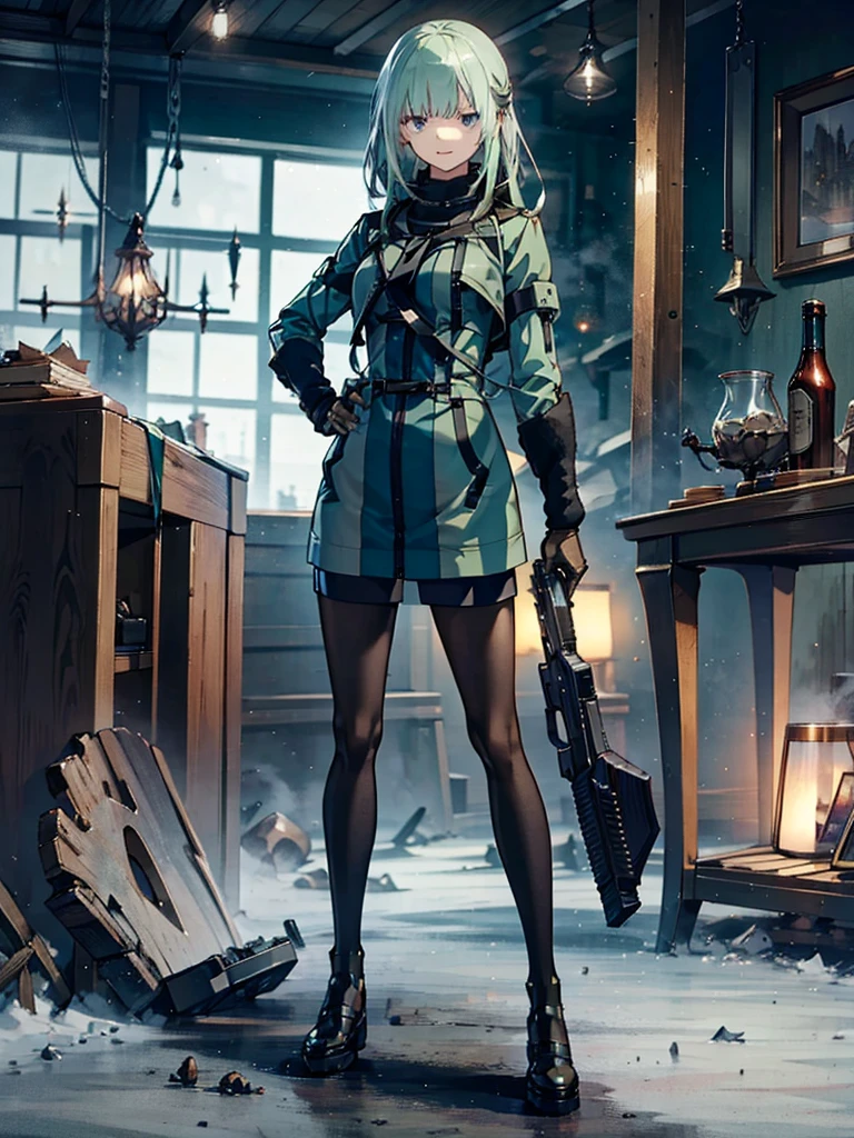Empty City, A town above the clouds, Sky City,Black Eye,with long green hair,Green duffle coat, Attention, Holding_gun, assault_rifle, Very detailed, Anime Style, whole body, alone, Stylish Gunfighter Girl, スチームパンクの長gun身ピストルを持っている,