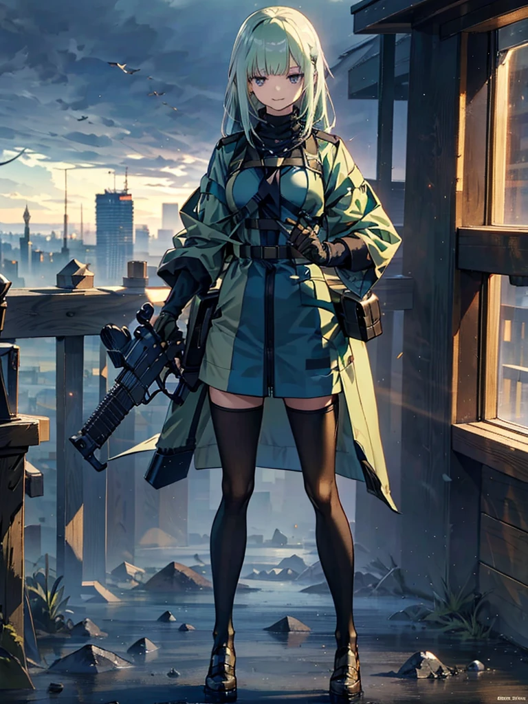 Empty City, A town above the clouds, Sky City,Black Eye,with long green hair,Green duffle coat, Attention, Holding_gun, assault_rifle, Very detailed,  Anime Style, whole body, alone, Stylish Gunfighter Girl, スチームパンクの長gun身ピストルを持っている,