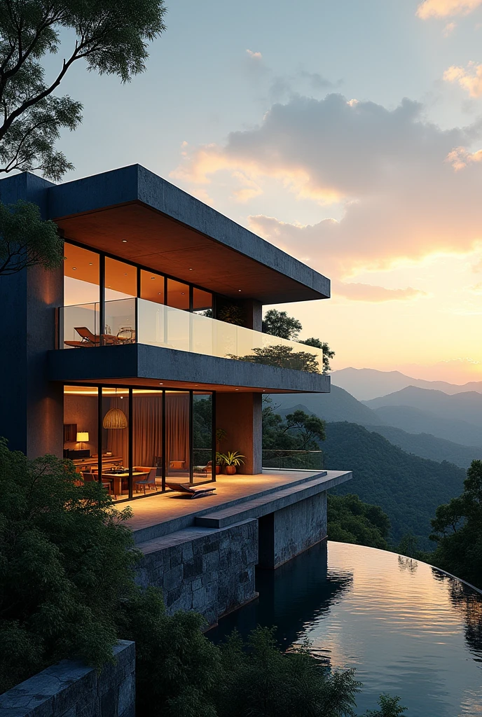 (((An amazing house))), (minimalism and brutalism style influence), (((with terraces))), (beautiful gardens), ((lake)), (((view of Ipoh Perak))), (in edge of a river), sunset, big, deep and beautiful clouds, illustration format, cool and warm color palette, high contrast, hard shadows (Masterpiece, highest quality), (Exquisite lighting and shadow, highly dramatic picture, Cinematic lens effect), 2 level house, most walls are made of glass, 200 square meter house, flat roof, architecture sketches, architecture drawings, drafts