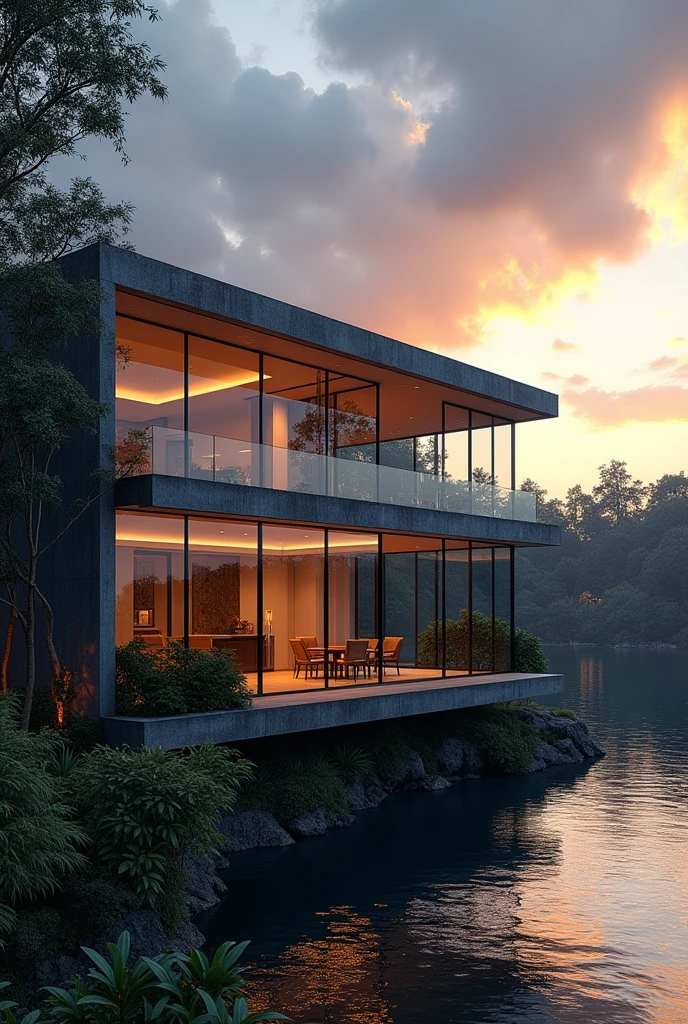 (((An amazing house))), (minimalism and brutalism style influence), (((with terraces))), (beautiful gardens), ((lake)), (((view of Ipoh Perak))), (in edge of a river), sunset, big, deep and beautiful clouds, illustration format, cool and warm color palette, high contrast, hard shadows (Masterpiece, highest quality), (Exquisite lighting and shadow, highly dramatic picture, Cinematic lens effect), 2 level house, most walls are made of glass, 200 square meter house, flat roof, architecture sketches, architecture drawings, drafts