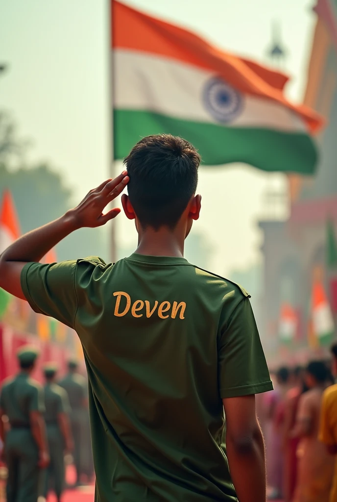 Create a photo of republic day on 15 August. The man wearing t shirt of army and the name deven on it . saluting the Indian flag .