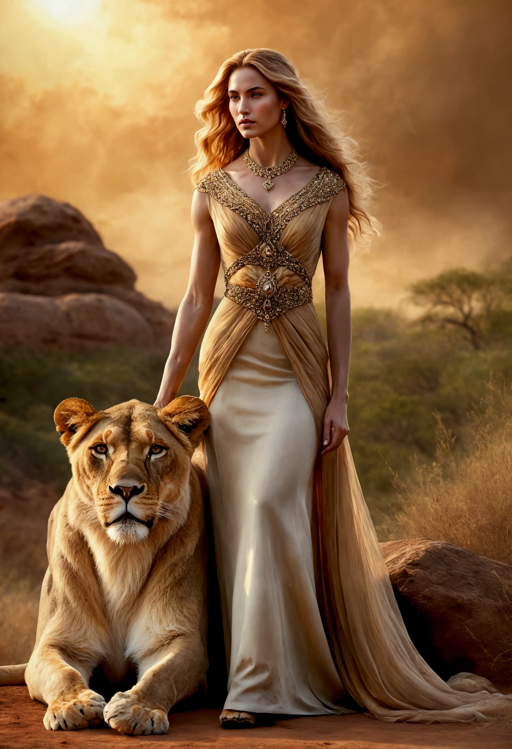 "Create a highly detailed and visually stunning watercolor and realism scene featuring a beautiful woman wearing an elegant yet modest dress in earthy tones and many layers of fabric and standing next to a majestic lioness. The woman has long, flowing hair, eyes honey colored and her dress is adorned with jewels. The lioness at her side has a powerful presence, with an elegant, muscular body and fur that shines with a radiant shine. The setting is an ethereal, magical environment, with soft lighting that enhances the setting. bond between the woman and the woman. of strength and grace The image must have a high level of detail, with blurred edges with a watercolor style, capturing the beauty and power of the woman and the lioness.”