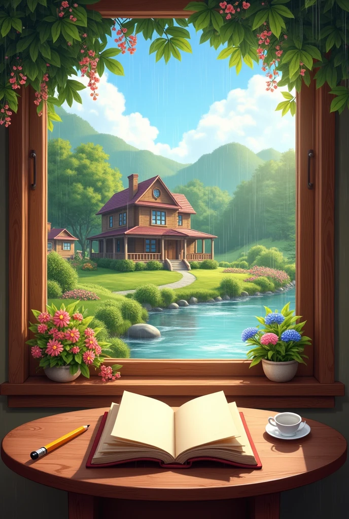 On a sunny day a mahogany house in the countryside, with a view of the wooden window to a river, with hanging flowers, with a mahogany round table in the center and on top of the table a philosophy book with a pencil and with rain but with a real image, no cartoons