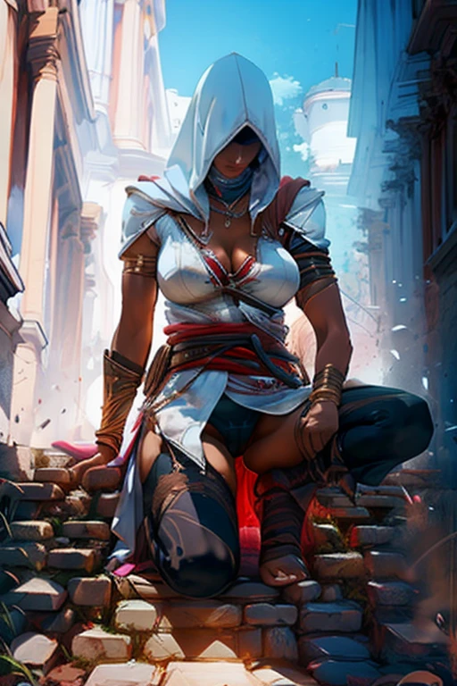 The woman, Altaïr's suit boots to the knee, Bracelets on the legs, socks, stockings, Jerusalem in the background, ((evening, night)), very detailed, Realistic long-term photography., 4k, short hair, brown hair,(((hood, hood)), ((shocks, garagantilla)),bracelet, sexy, dark skin, brown eyes, big breasts, big breasts