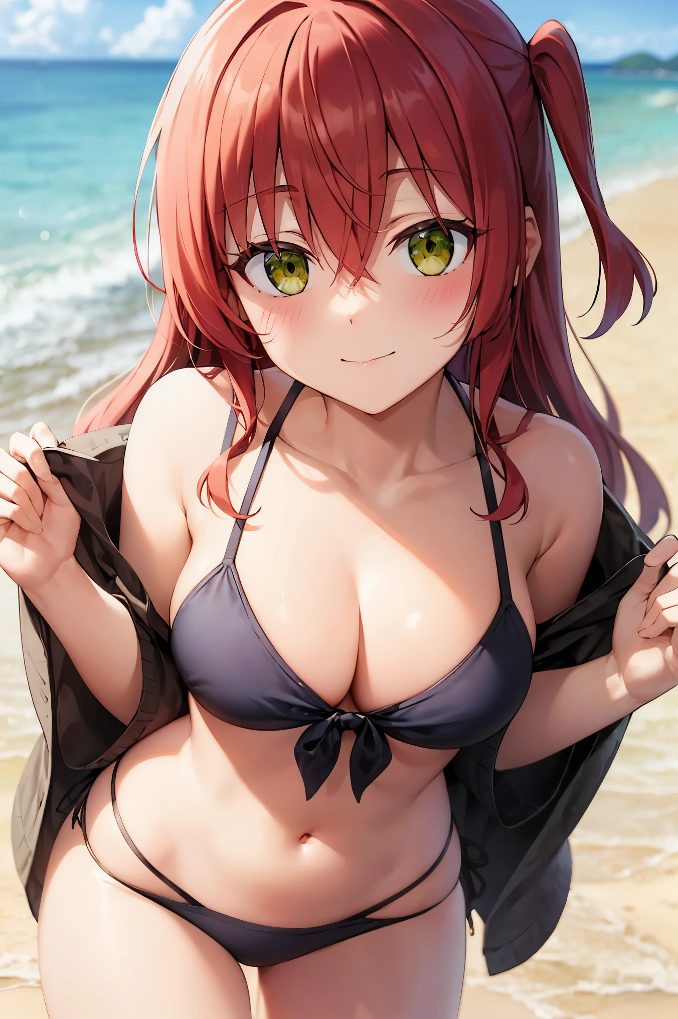 Red hair、Long Hair、bangs、Hair between the eyes、One side up、Green Eyes、smile、Medium chest, Cleavage, bikini, smile, Beach, Kneel, (View from above), (blush:1.3)