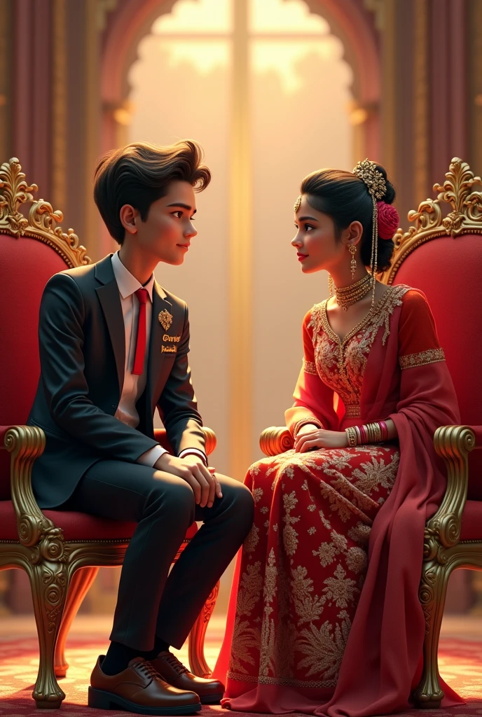 Ek image banao jisme ek teen age ladka ladki dono alag alag singhasan par baithe ho aur dono achchhe kapde pahna ho aur larka ke kapde par Vicky likha ho aur ladki ke kapade par Khushbu likha ho