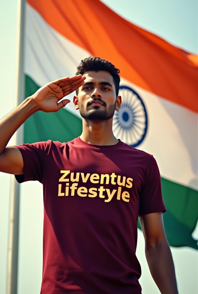 Make AI images where a guy is saluting the Indian flag and in his shirt "Zuventus Lifestyle" is written there in maroom colour. 