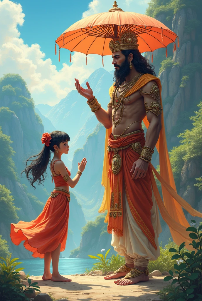Anime girl standing . Hanuman ji wearing beautiful god costume. Hanuman ji holding umbrella and blessings .a beautiful real Hanuman ji picture