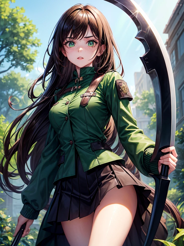 a 20 year old girl, with semi-long brown hair, bright emerald green eyes, with rosy lips, with a few freckles and dressed in a black uniform with a short, open skirt and a short, open jacket, wielding a scythe with cursed powers 
