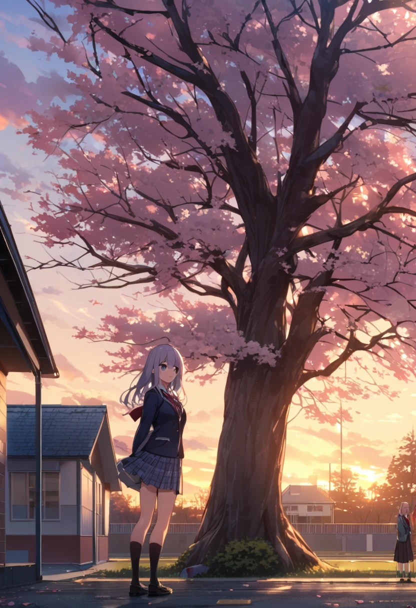One Woman、beautiful girl、after school、evening、high school girl、School、Back of the school building、Schoolyard、winter、Under the big tree、that'that'it's snowing、Snowfall、Blazer Uniform、Pleated skirt、Duffle coat、Black knee-high socks、Long Hair、Wear a scarf、Highest qualthaty, Thick thighs、big 、Black Hair