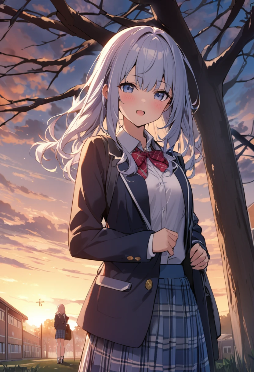 One Woman、beautiful girl、after school、evening、high school girl、School、Back of the school building、Schoolyard、winter、Under the big tree、that'that'it's snowing、Snowfall、Blazer Uniform、Pleated skirt、Duffle coat、Black knee-high socks、Long Hair、Wear a scarf、Highest qualthaty, Thick thighs、big 、Black Hair