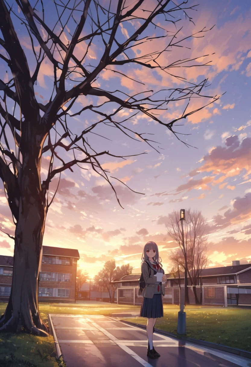 One Woman、beautiful girl、after school、evening、high school girl、School、Back of the school building、Schoolyard、winter、Under the big tree、that'that'it's snowing、Snowfall、Blazer Uniform、Pleated skirt、Duffle coat、Black knee-high socks、Long Hair、Wear a scarf、Highest qualthaty, Thick thighs、big 、Black Hair