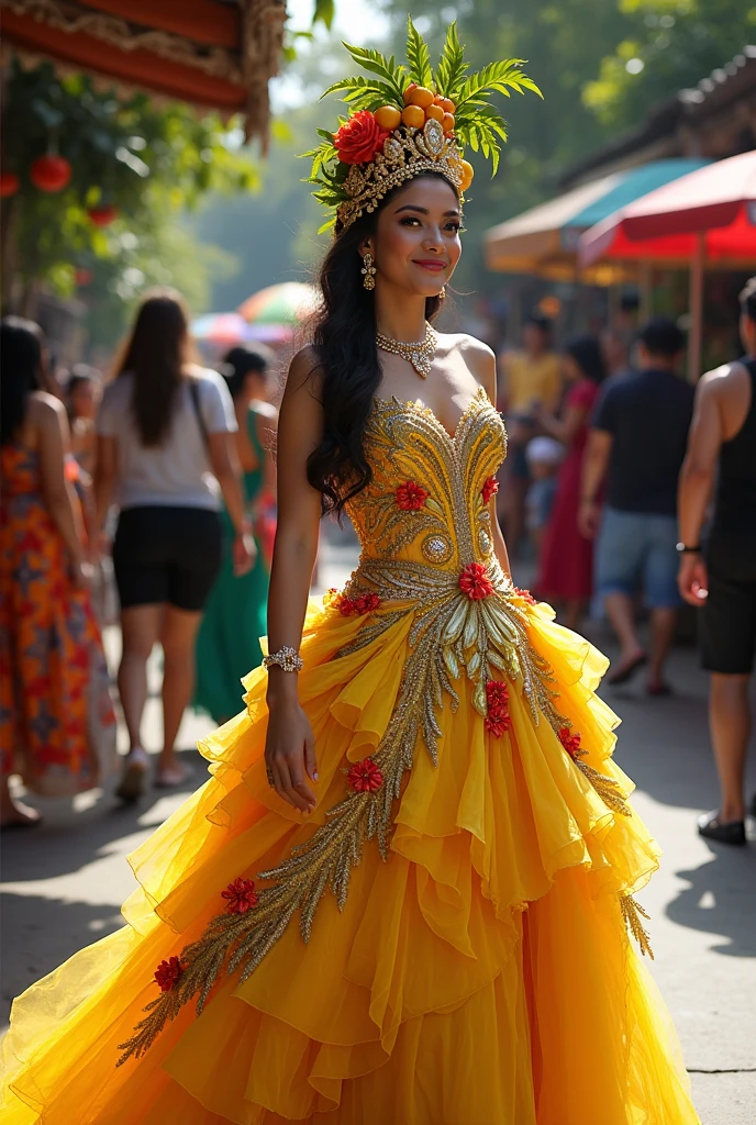 create a Filipiniana gown inspired of lanzones festival that is a combination of yellow and red and a hint of green. the gown must follow rhe them of lanzones festival and it has to be extravagant. there is also a big headress that has lanzones and a hint of leaves that is stunning.