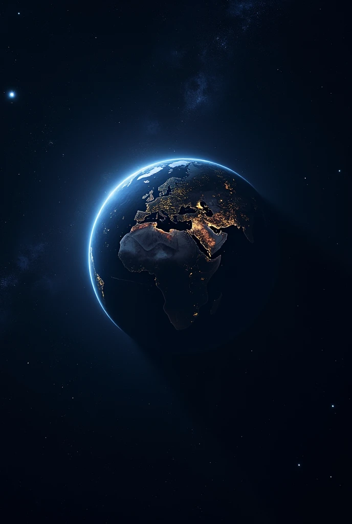 Outer space, watch earth in the night half part of earth , shining in the night and stars , write " the future academy" also write text