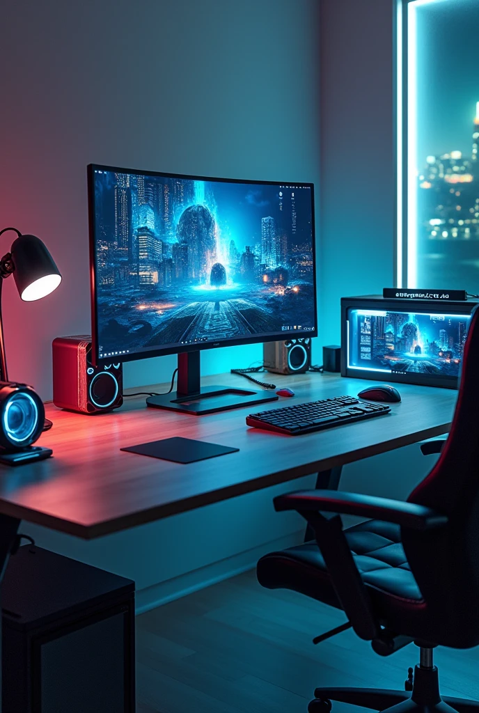 computer, monitor, future dwelling mouse and keyboard with lights with speakers included, that prints in the best resolution, with camera and headphones