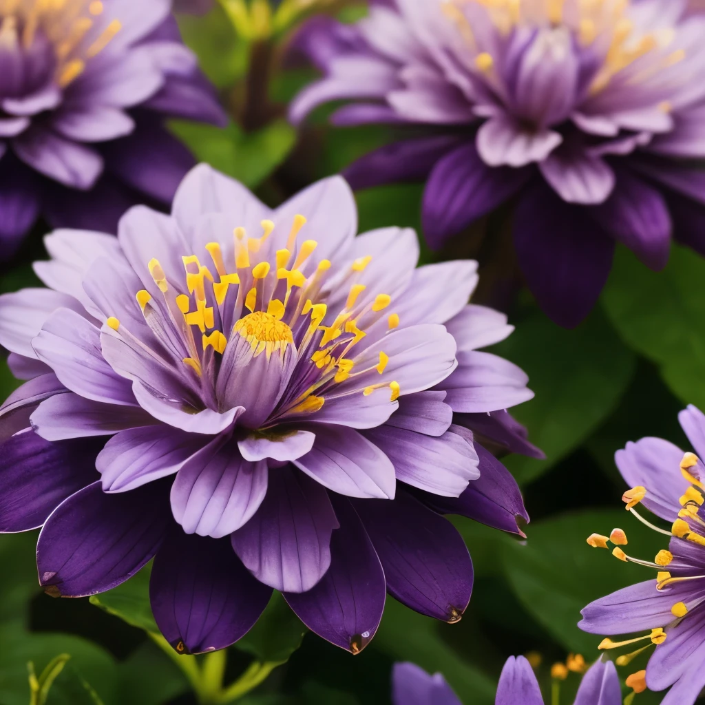 purple and yellow flowers are growing in a garden, a macro photograph by Hans Werner Schmidt, flickr, sōsaku made, purple and yellow, dust violet, violet flower, violet, yellow purple, yellow and purple tones, draped in silky purple and gold, some purple and orange, very colourful, some purple, violet flowers, some orange and purple