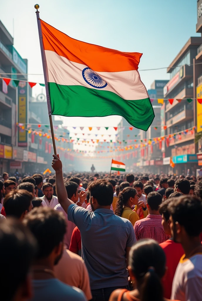The celebrate public with Indian flag. Opposite Maha Mart shop