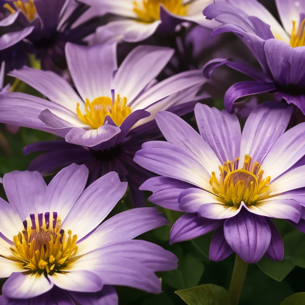 purple and yellow flowers are growing in a garden, a macro photograph by Hans Werner Schmidt, flickr, sōsaku made, purple and yellow, dust violet, violet flower, violet, yellow purple, yellow and purple tones, draped in silky purple and gold, some purple and orange, very colourful, some purple, violet flowers, some orange and purple