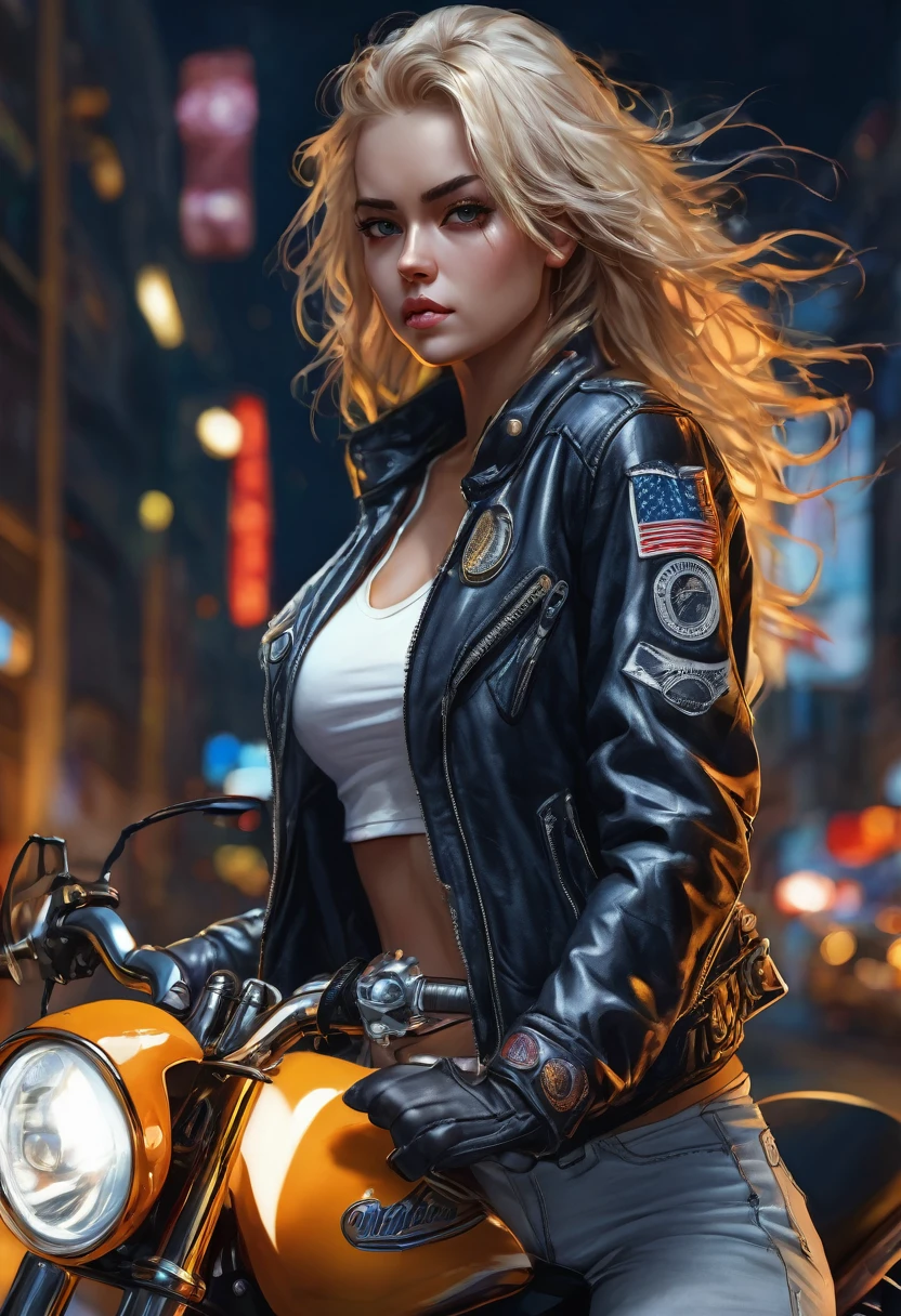(good quality), (many details), (masterpiece), young woman with strict blond hair in motorcycle jacket, white t-shirt, american, slim, serious face, hard look, at night