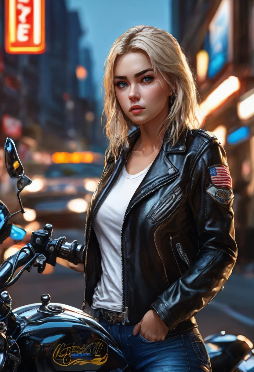 (good quality), (many details), (masterpiece), young woman with strict blond hair in motorcycle jacket, white t-shirt, american, slim, serious face, hard look, at night